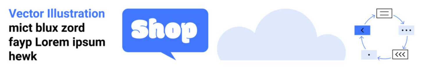 Blue speech bubble with text Shop, gray cloud, and circular flow chart with web icons. Ideal for e-commerce, online stores, shopping, business processes, web navigation. Banner for landing page
