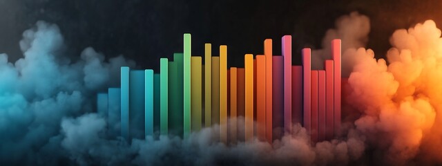 Fototapeta premium Vibrant 3D rendered gradient color graphic visualizing the frequency spectrum from low to high frequencies Abstract data analysis infographic with dynamic waves and geometric shapes