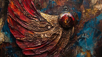Abstract oil painting in red, brown, and blue tones with hand-painted textures 