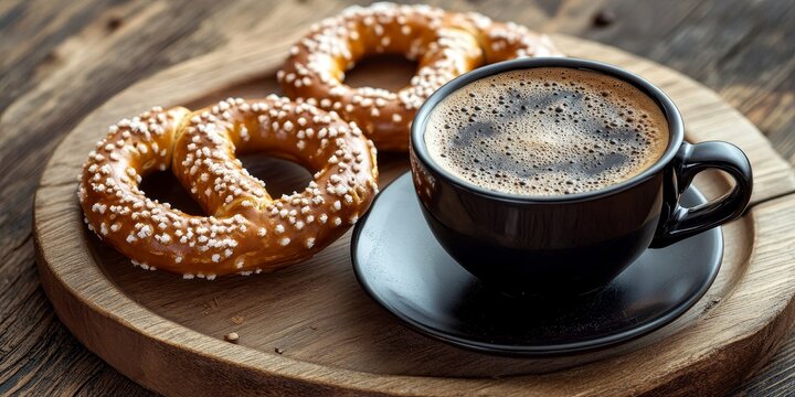 Pretzels paired with black coffee on a wooden table create a delightful setting, showcasing the perfect harmony of pretzels and black coffee for a cozy snack experience.