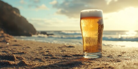 A glass of light beer appears hazy in the sunlight while sitting on a beach, capturing the essence of a sunny day by the shore. Beach vibes with light beer shine through.