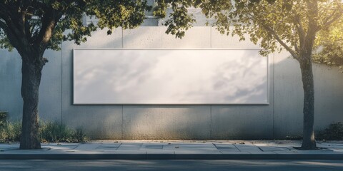 Empty long advertisement banner displayed on a cement fence in an outdoor setting. This banner represents opportunities in the construction industry and development for potential advertising.