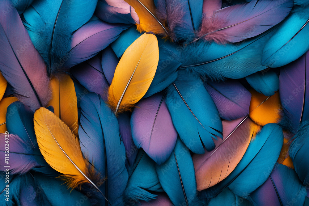 Fototapete a colorful pile of feathers, each one unique in shape and color, creating an intricate pattern that 