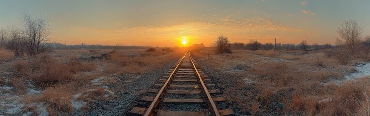 Obraz premium A high-angle shot of railway tracks at sunrise, symbolizing journeys and progress. Perfect for travel, transportation, and inspirational-themed projects