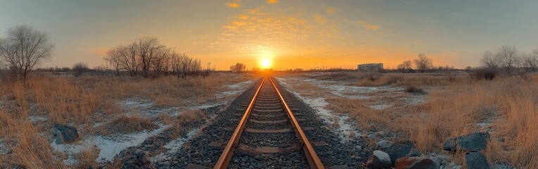 Fototapeta premium A high-angle shot of railway tracks at sunrise, symbolizing journeys and progress. Perfect for travel, transportation, and inspirational-themed projects