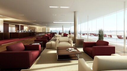 Modern lounge area with comfortable seating and large windows for natural light.