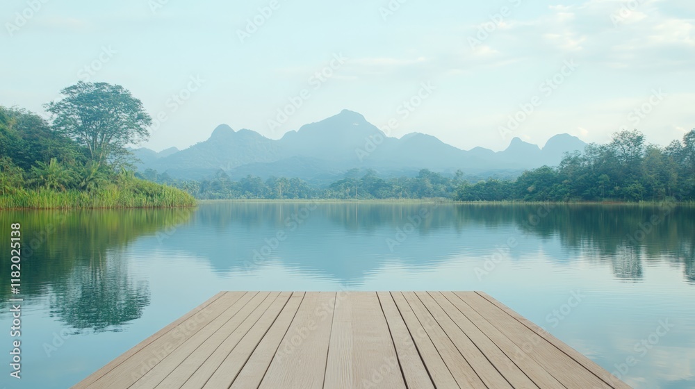 Aufkleber wooden pier extending into a serene lake, reflecting the surrounding lush vegetation and distant mou