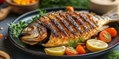 Appetizing grilled fish served on a plate, displayed on a table, showcases the delightful flavors of grilled fish in a close up view, highlighting the appetizing nature of grilled fish cuisine.