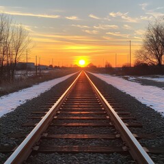 Fototapeta premium A high-angle shot of railway tracks at sunrise, symbolizing journeys and progress. Perfect for travel, transportation, and inspirational-themed projects