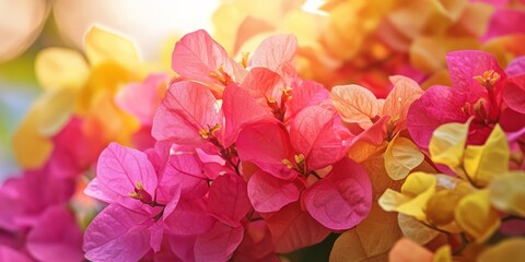 Obraz premium Close up of vibrant pink and yellow Bougainvillea flowers during the summer season, showcasing the beauty of Bougainvillea in full bloom, highlighting its vivid colors and intricate details.