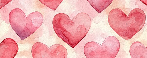 Fototapeta premium A whimsical watercolor pattern featuring various red hearts on a soft, light background, evoking feelings of love and affection.