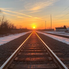 Fototapeta premium A high-angle shot of railway tracks at sunrise, symbolizing journeys and progress. Perfect for travel, transportation, and inspirational-themed projects