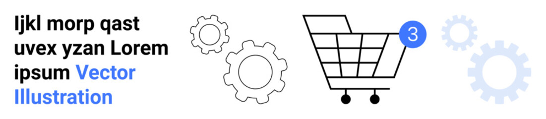 Shopping cart with notification badge, surrounded by gear icons and lorem ipsum text. Ideal for e-commerce, online stores, digital marketing, sales, web development, automation, tech startups