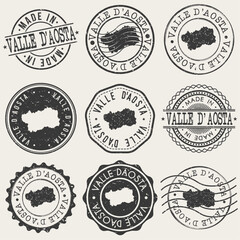 Aosta Valley, Italy Set of Stamps. Country Travel Marks. Made In Product. Design Seals Old Style Insignia.