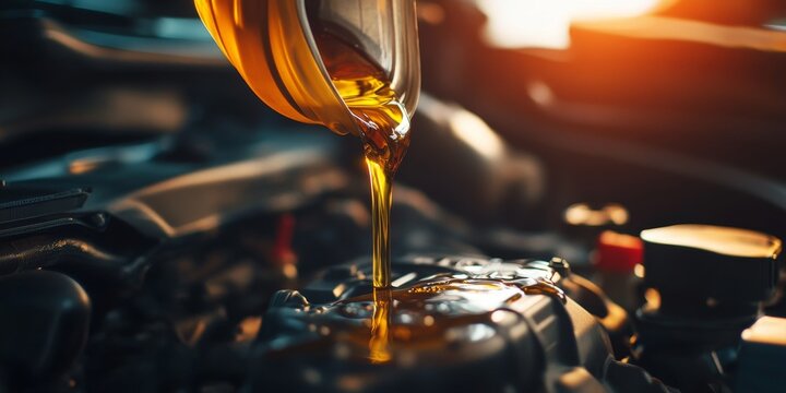 Pouring oil into a car engine showcases the essential process of maintaining a vehicle. This image captures motor oil pouring into the car engine, highlighting the importance of regular oil changes.
