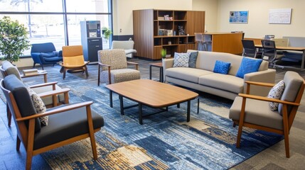 Modern office lounge with seating, coffee table, and a cozy atmosphere for collaboration.