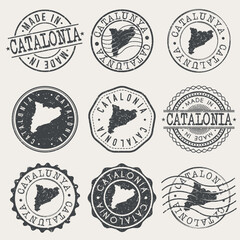 Catalonia, Spain Set of Stamps. Country Travel Marks. Made In Product. Design Seals Old Style Insignia.