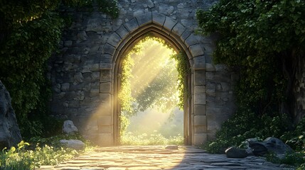 Obraz premium A Striking Representation of a Magnificent Stone Archway Portal Emitting Golden Beams of Magic in a Historic Castle Courtyard