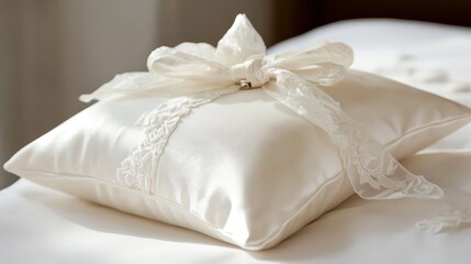 Elegant wedding ring pillow adorned with a delicate bow, perfect for holding wedding rings during the ceremony. This wedding ring pillow adds charm and sophistication to the special day.