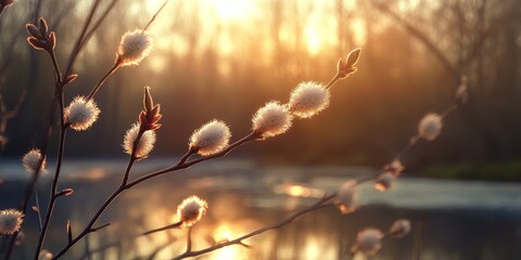Fluffy willow buds shine in the contrasting sunlight, highlighted beautifully against a serene forest backdrop, showcasing the delicate beauty of fluffy willow buds in nature.