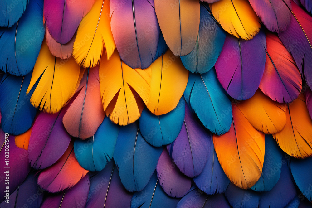 Fototapete a colorful pile of feathers, each one unique in shape and color, creating an intricate pattern that 