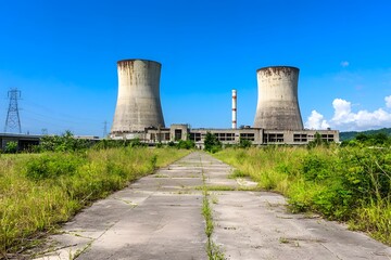 Obraz premium Crumbling Concrete and Rusted Metal of Abandoned Nuclear Power Plant Overtaken by Nature