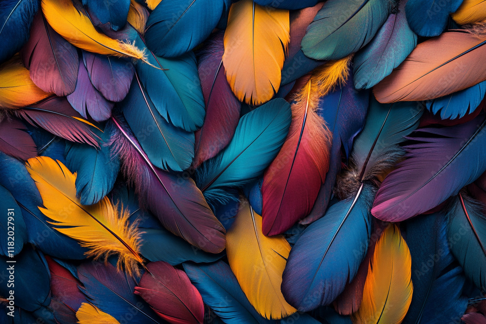 Fototapete a colorful pile of feathers, each one unique in shape and color, creating an intricate pattern that 