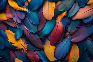Fototapeta premium A colorful pile of feathers, each one unique in shape and color, creating an intricate pattern that is both beautiful and mysterious. 