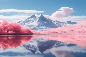 Gardinen Infrared Landscape of a lake with mountains and a cloudy sky © Jan