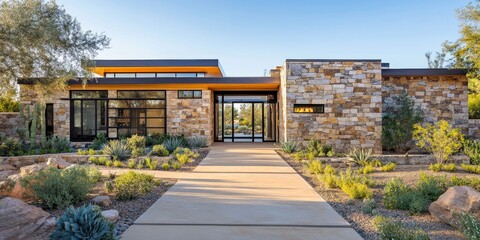 Colonial style house facade featuring beautiful quarry stone, showcasing a design typical of semi desert architecture. This house facade highlights the unique charm of colonial aesthetics.