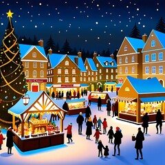 Obraz premium Festive Christmas Market Scene In Snowy Village