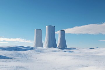 Futuristic Nuclear Powered Space with Gleaming Reactors and Towering Cooling Towers in Alien Landscape
