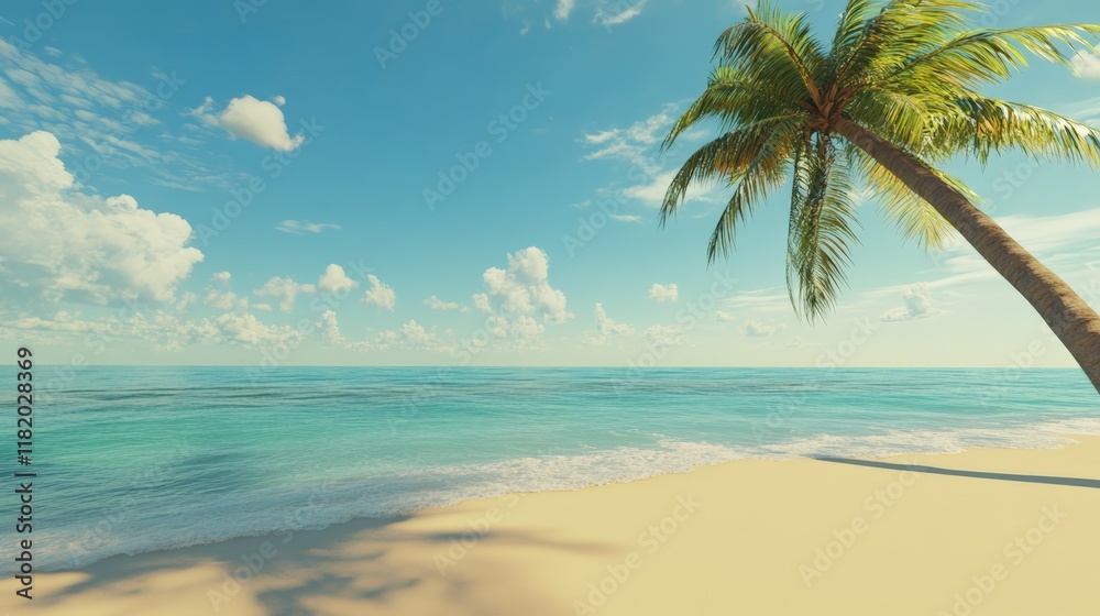 Poster white sand beach with turquoise water and palm tree leaning over on sunny summer day with clouds in 