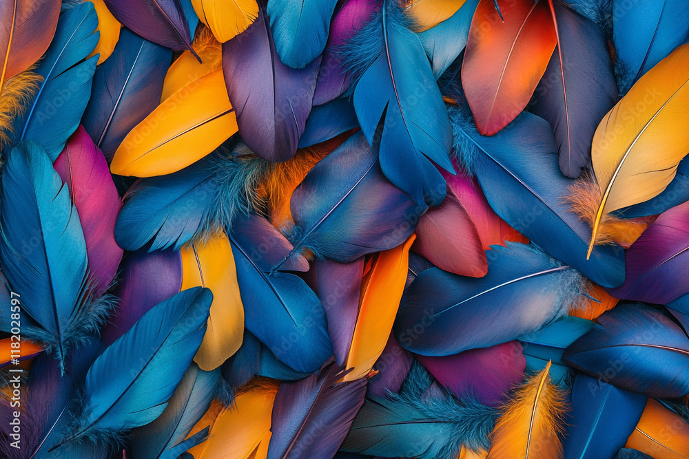 Poster a colorful pile of feathers, each one unique in shape and color, creating an intricate pattern that 