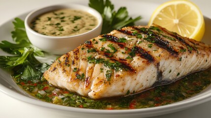 Close-up of grilled fish fillet with lemon and parsley sauce on a white plate