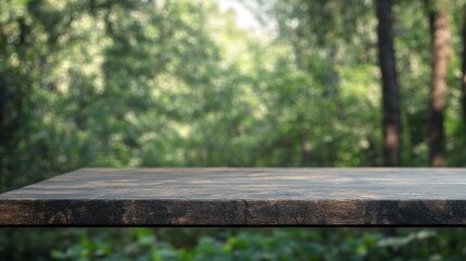 Naklejka premium Wood table top in front of of trees in the forest. blur background image, for product display montage