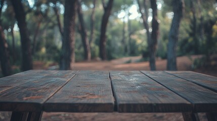 Fototapeta premium Wood table top in front of of trees in the forest. blur background image, for product display montage