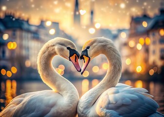 Fototapeta premium Romantic Swans in Urban Decay: A Blurred Cityscape Backdrop