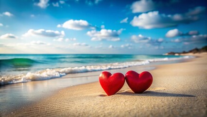 Fototapeta premium Romantic Valentine's Beach: Two Red Hearts on Sandy Shore with Calm Ocean