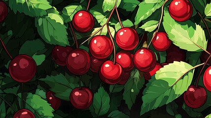 A vibrant cluster of red cherries nestled among green leaves.