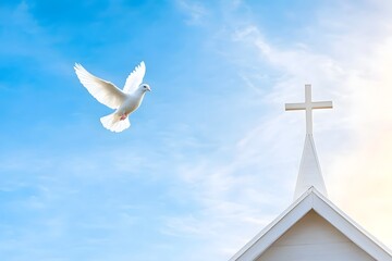 Soaring Dove Ascending Towards the Cross Topped Church Steeple Amidst the Serene Sky