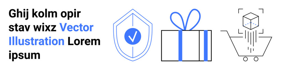 Shopping cart with cube, shield with checkmark, gift box with ribbon. Ideal for e-commerce, online shopping, cybersecurity, digital transactions, consumer protection, gifts digital marketing