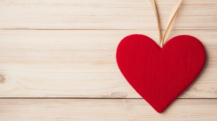 Fototapeta premium A vibrant red felt heart hangs gracefully against a light wooden background, symbolizing love and affection.