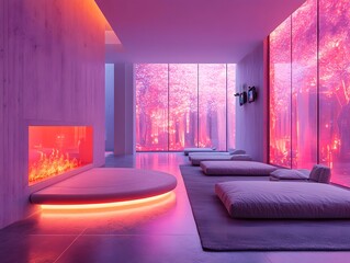 A futuristic living room with a glowing floating fireplace, a VR headset projecting games on a holographic wall—perfect for marketing smart home tech or VR devices, highlighting innovation.