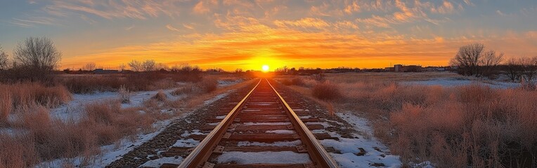 Obraz premium A high-angle shot of railway tracks at sunrise, symbolizing journeys and progress. Perfect for travel, transportation, and inspirational-themed projects