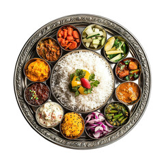 A traditional Indian Thali platter featuring a variety of curries rice vegetables and chutn