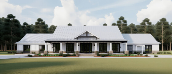 modern farmhouse featuring a large front porch, white wood siding, and black window frames