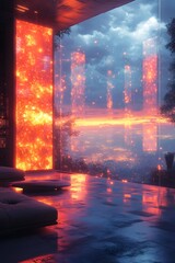 A futuristic living room with a glowing floating fireplace, a VR headset projecting games on a holographic wall—perfect for marketing smart home tech or VR devices, highlighting innovation.