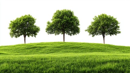 Fototapeta premium Three Lush Green Trees on Rolling Hill with Bright White Background