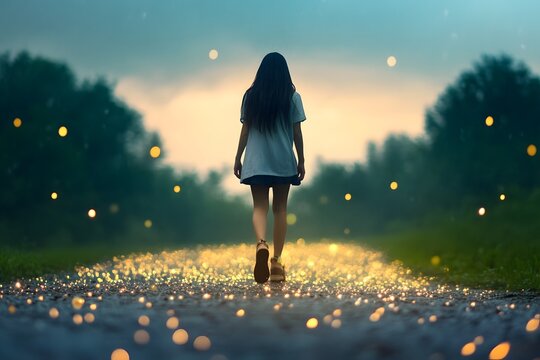 Solitary woman walking along a glowing path in a serene countryside landscape at dusk